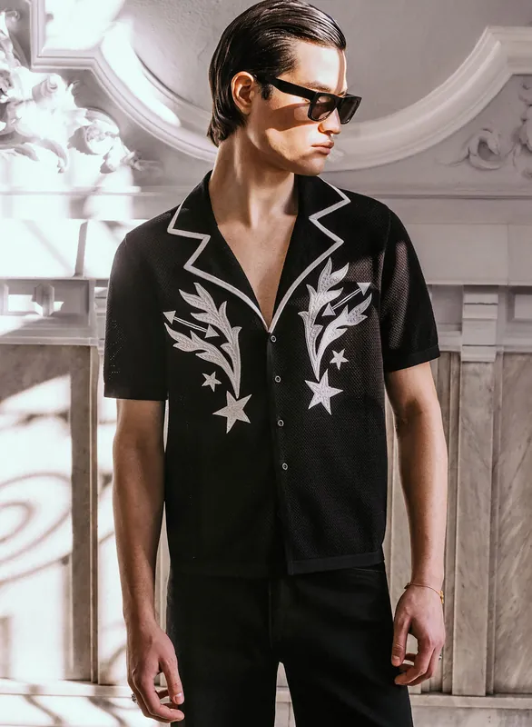 Black Embroidered Western Short Sleeve Shirt - Shirts