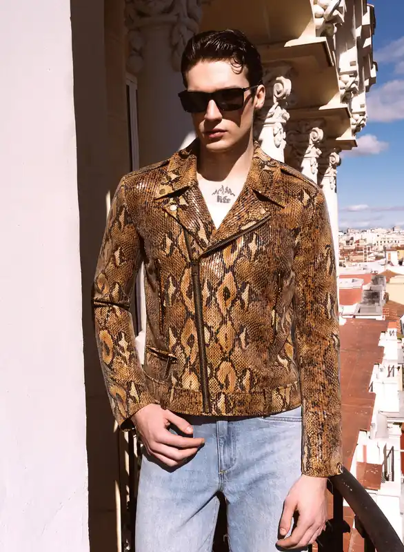 Brown Snake Effect Sequin Biker Jacket - Jackets & Coats