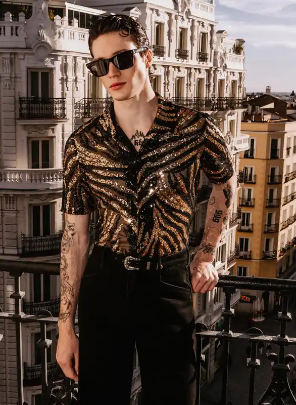 Black and Gold Zebra Sequin Embellished Cuban Shirt - Shirts