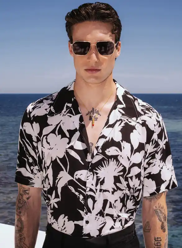 Black Floral Short Sleeve Cuban Collar Viscose Shirt - Shirts