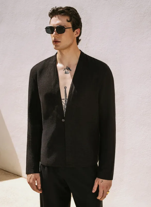 Black Linen Kimono Shirt - Shirts