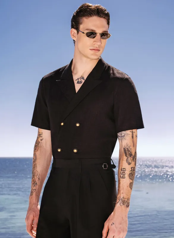 Black Short Sleeve Linen Double Breasted Shirt - Shirts