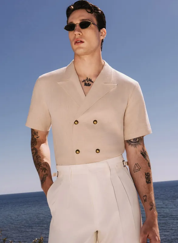 Beige Short Sleeve Linen Double Breasted Shirt - Shirts
