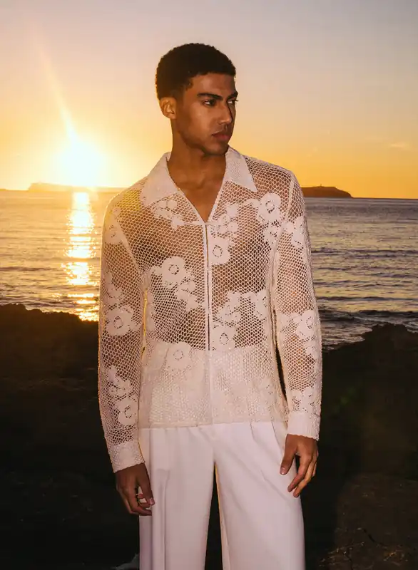 Off-white Long Sleeve Floral Sequin Crochet Shirt