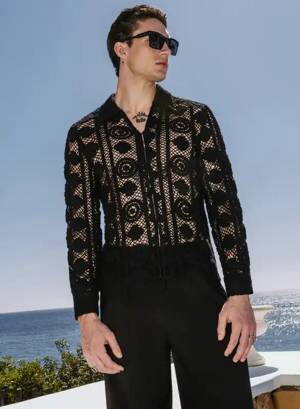 Black Long Sleeve Circular Crochet Shirt - Shirts
