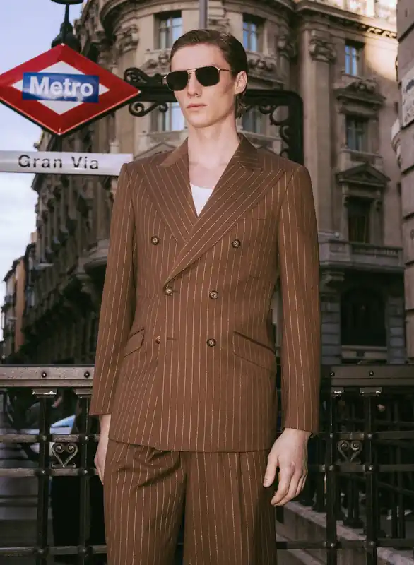 Brown Metallic Pinstripe Double Breasted Wool Blazer - Jackets & Coats