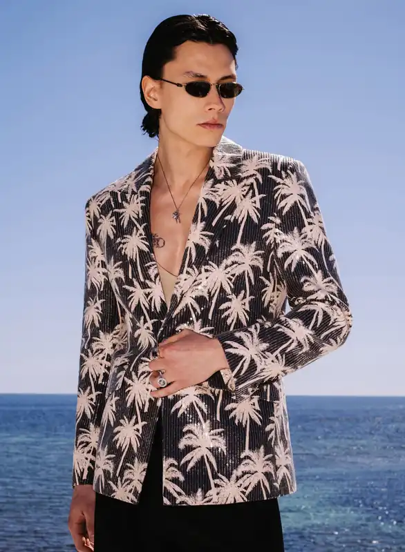 Black Linen Palm Sequin Blazer - Jackets & Coats