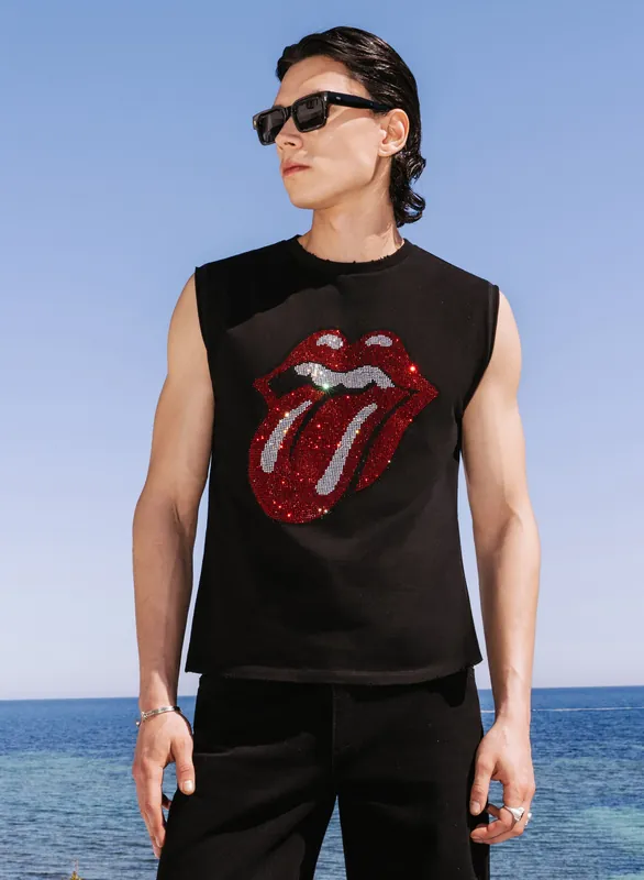 Phix X Rolling Stones Black Sleeveless Rhinestone T-Shirt