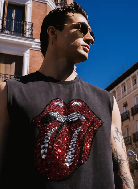 Phix X Rolling Stones Charcoal Acid Wash Sleeveless Rhinestone T-Shirt