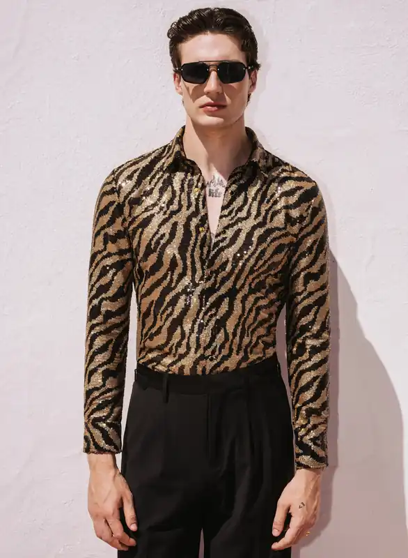 Black and Gold Zebra Shimmer Embellished Shirt - Shirts