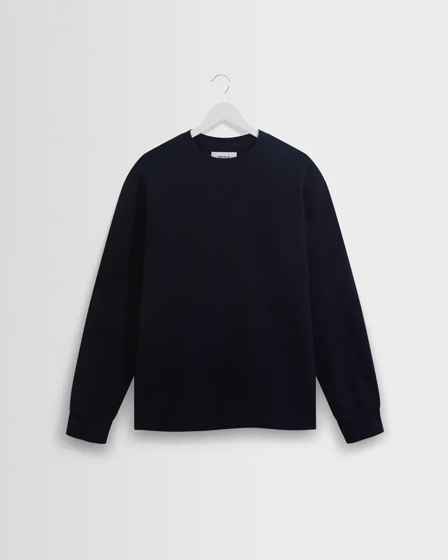 Hayden - Navy Textured Organic Cotton Long Sleeve T-Shirt