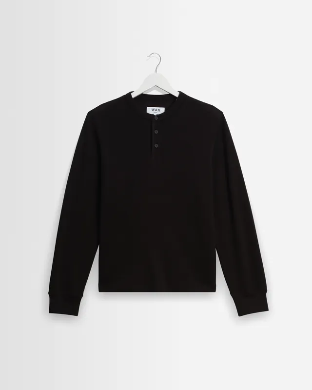 Halton - Black Waffle Long-Sleeve Henley T-Shirt