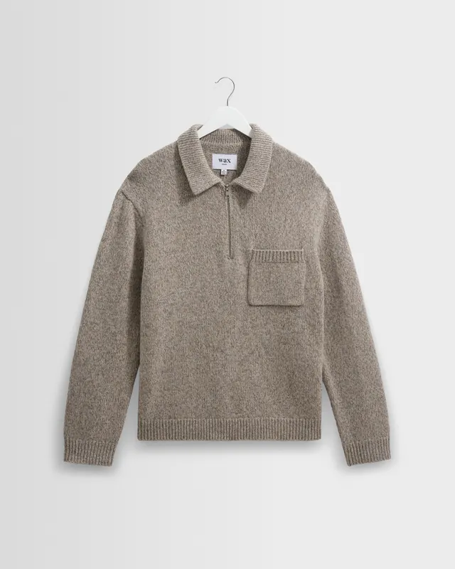 Alpha - Grey Plain Stitch Fleck-Wool Zip Polo