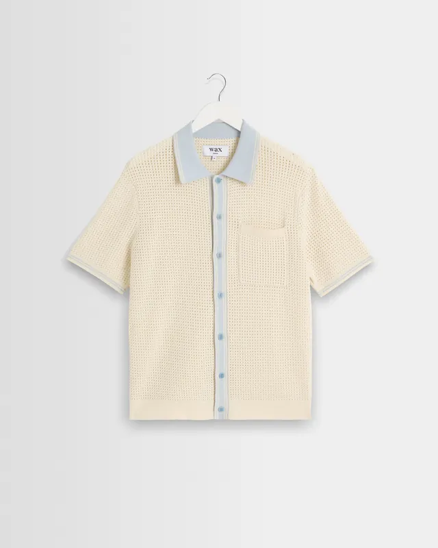 Belle - Ecru Blue Tipped Pointelle Polo Shirt