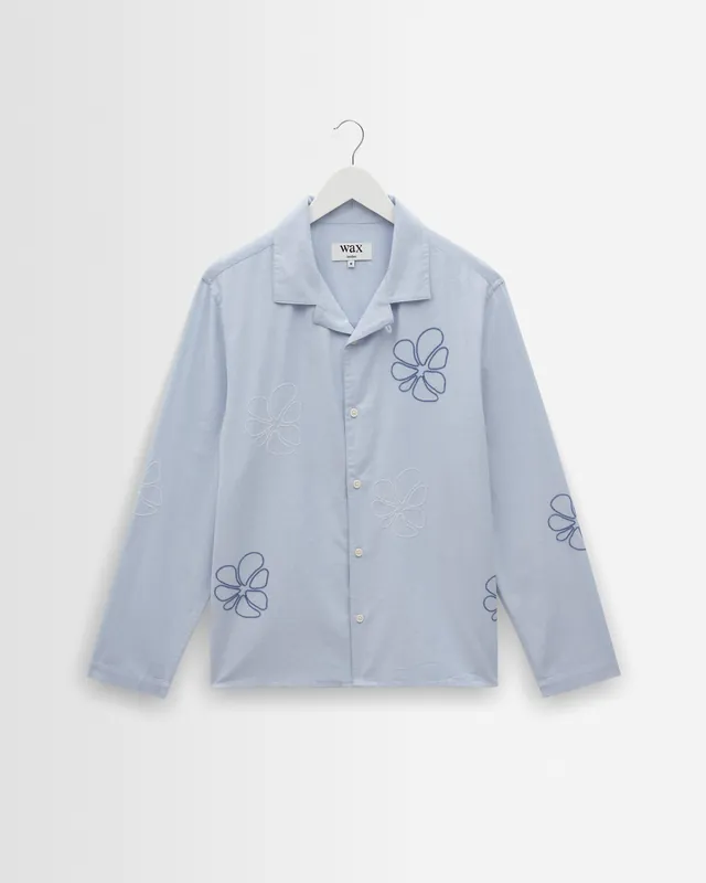 Corey - Blue Cross Stitch Doodle Cotton-Linen Shirt