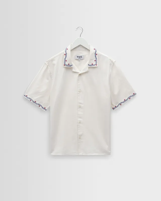 Didcot - Ecru Cross-Stitch Border Short-Sleeve Shirt