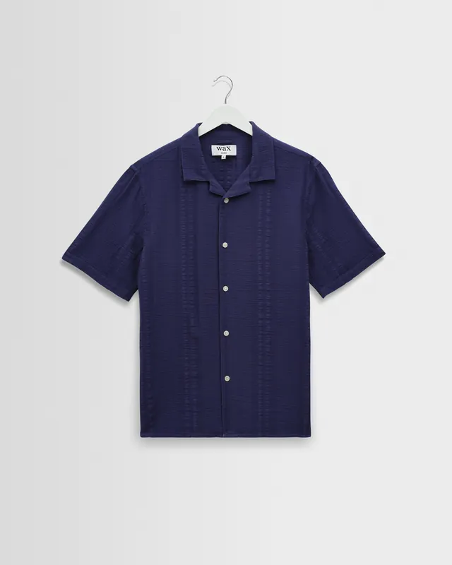 Didcot - Dark Blue Double-Weave Seersucker Short-Sleeve Shirt