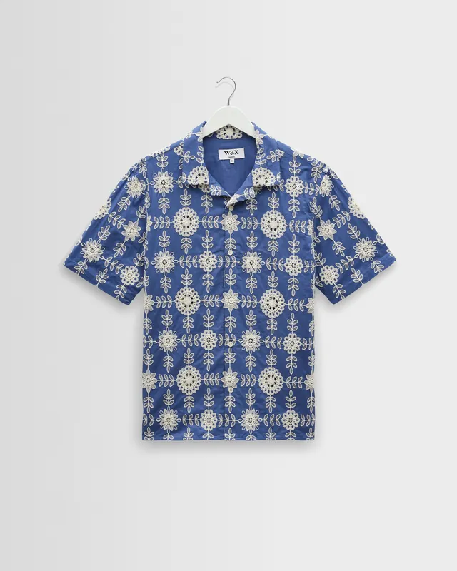 Didcot - Blue And Ecru Corded Lace Short-Sleeve Shirt