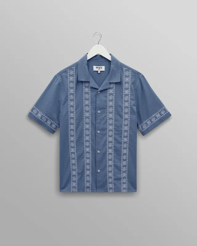 Didcot - Blue And Ecru Embroidered Short-Sleeve Shirt