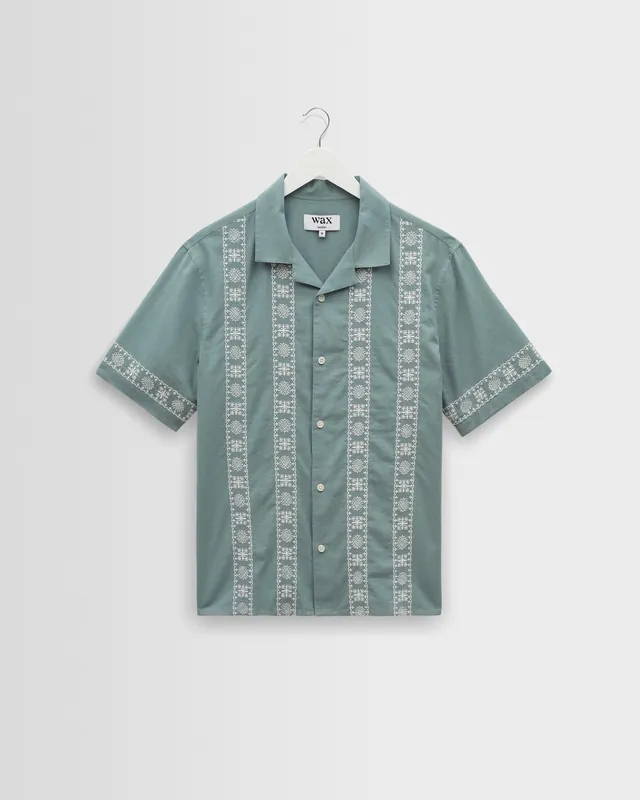 Didcot - Sea Green And Ecru Embroidered Short-Sleeve Shirt