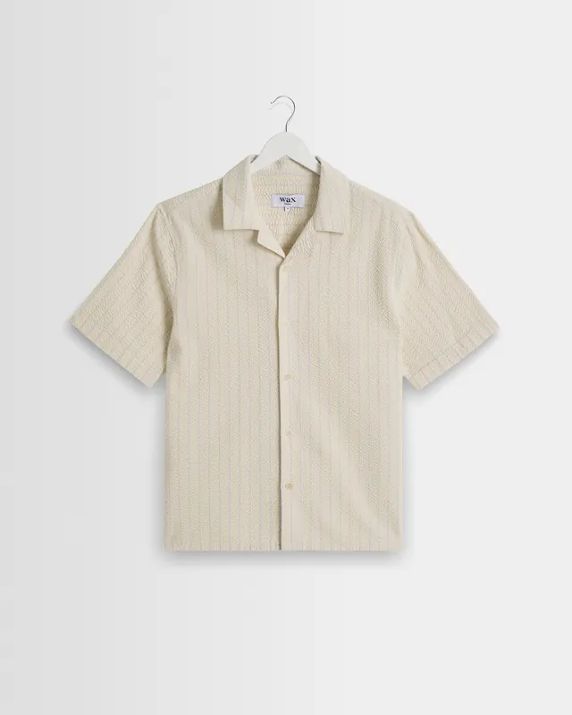 Didcot - Ecru And Blue Seersucker Stripe Short-Sleeve Shirt