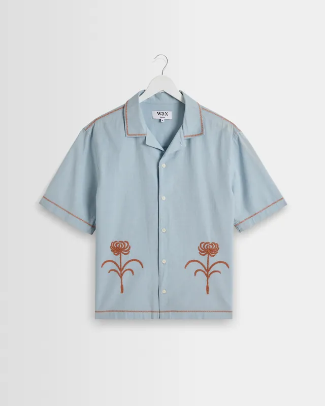 Keats - Light Blue And Rust Embroidered Short-Sleeve Shirt