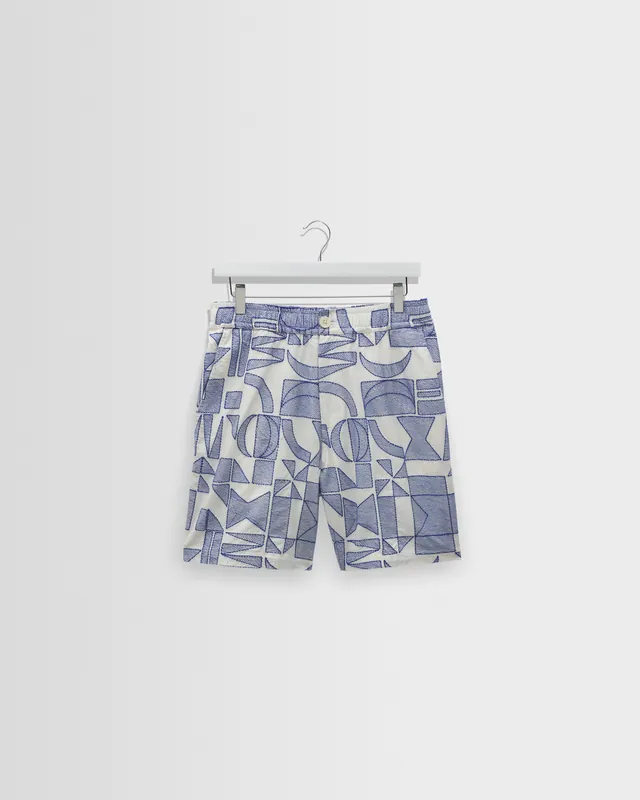 Kurt - Ecru And Blue Geometric Embroidered Shorts