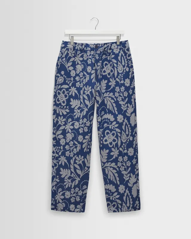 Kurt - Blue And Ecru Floral Jacquard Relaxed Fit Trousers