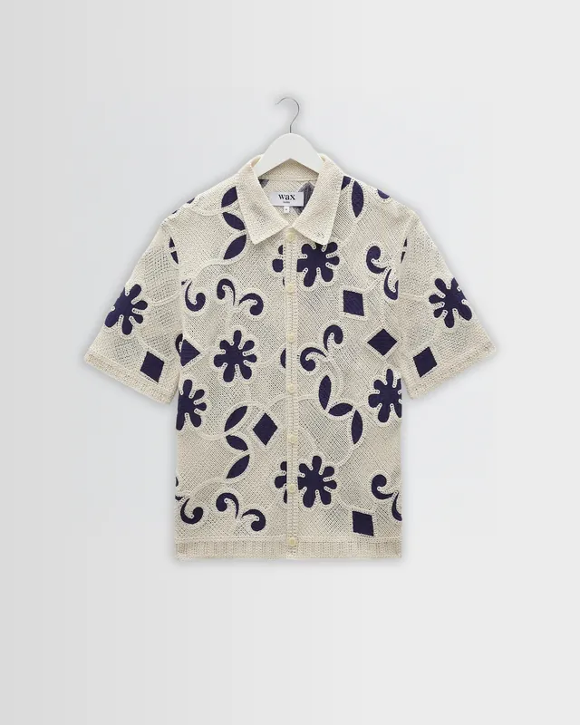 Porto - Ecru And Navy Doodle Crochet Knitted Shirt