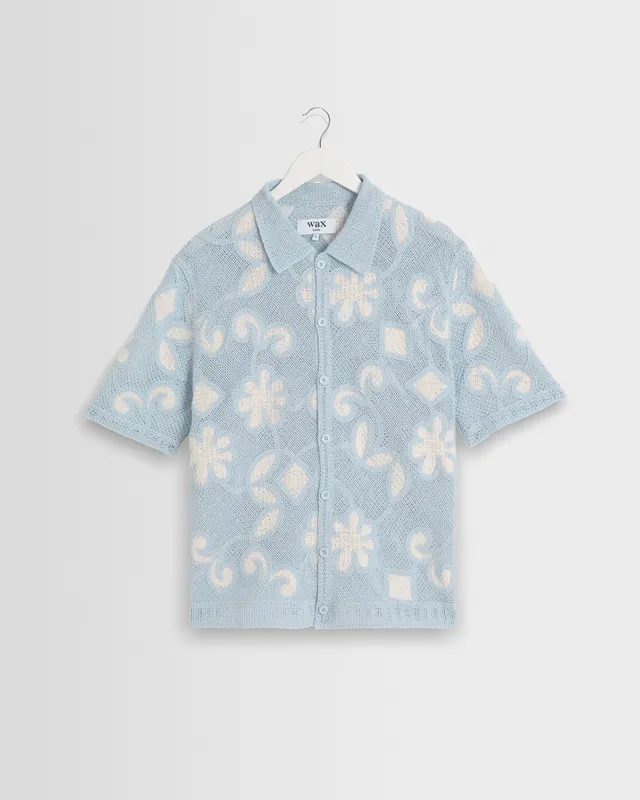 Porto - Pale Blue Doodle Crochet Knitted Shirt