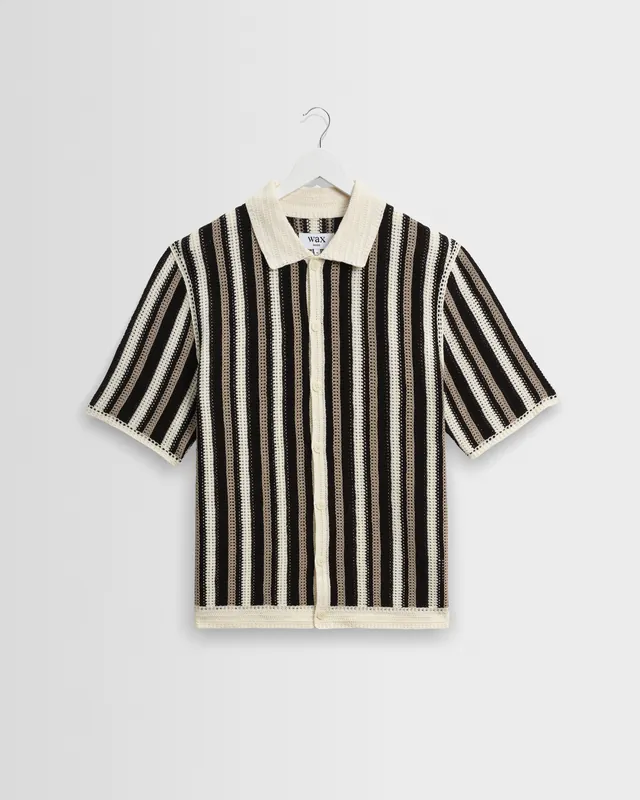 Porto - Ecru And Black Stripe Crochet Knitted Shirt