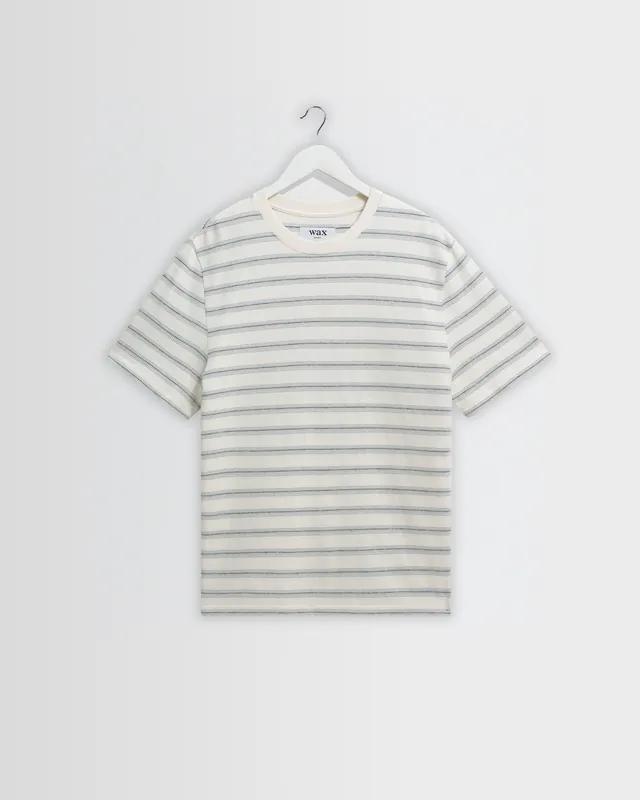 Dean - Ecru And Blue Stitch Stripe Organic Cotton T-Shirt