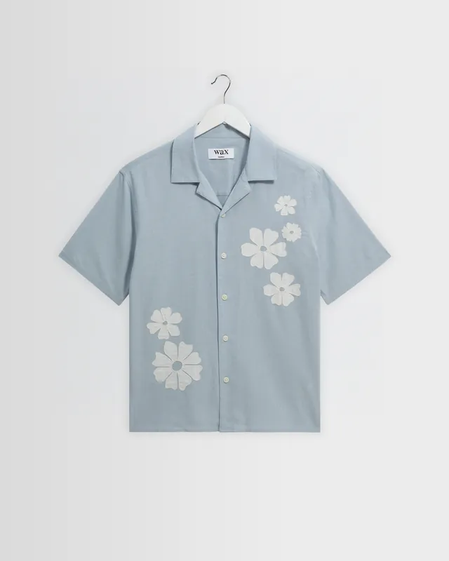 Didcot - Blue And Ecru Floral Applique Short-Sleeve Shirt