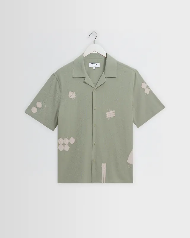 Didcot - Sage And Ecru Scribble Applique Short-Sleeve Shirt