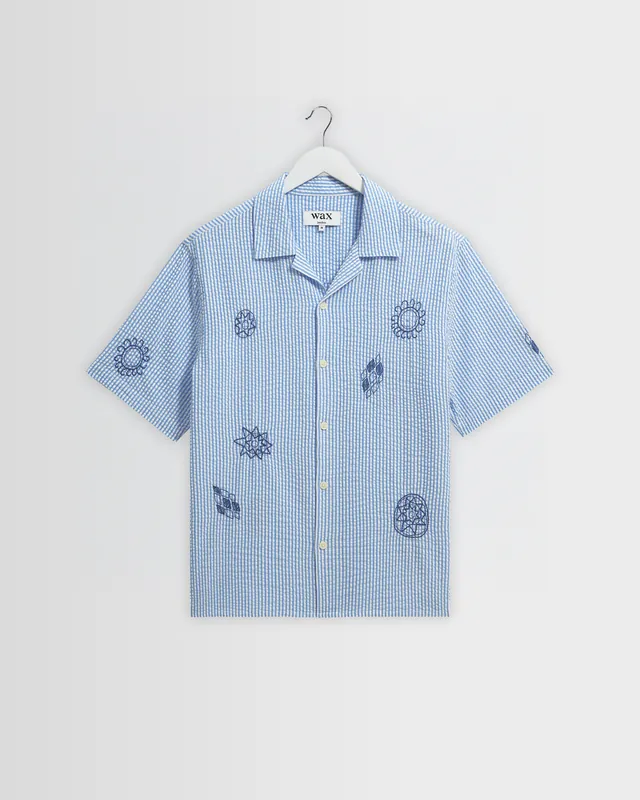 Didcot - Blue And Ecru Doodle Seersucker Short-Sleeve Shirt