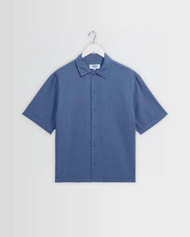 Keats - Blue Cotton Seersucker Short-Sleeve Shirt