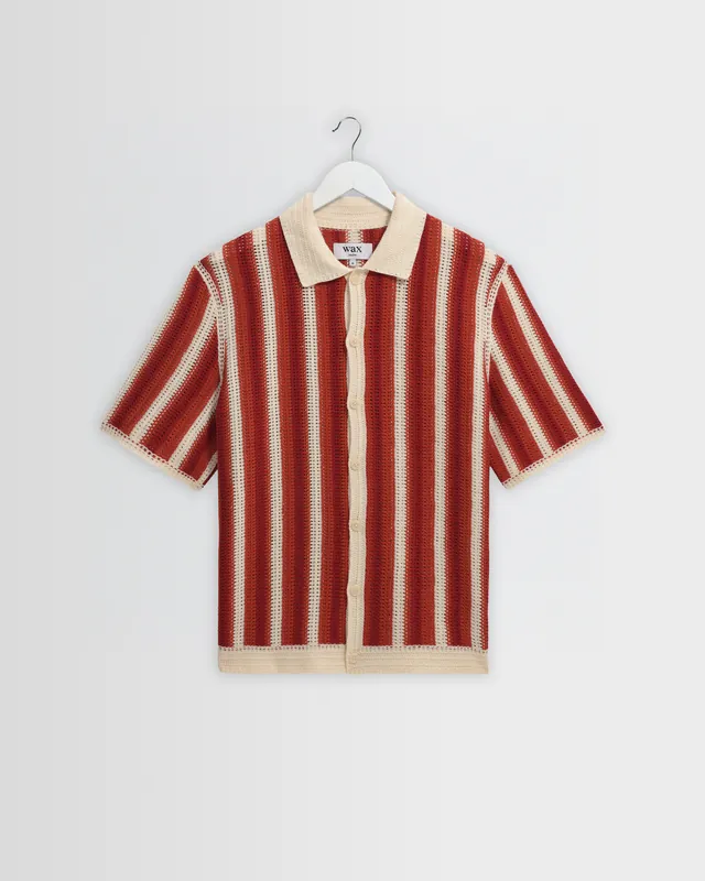 Porto - Ecru And Orange Stripe Crochet Knitted Shirt