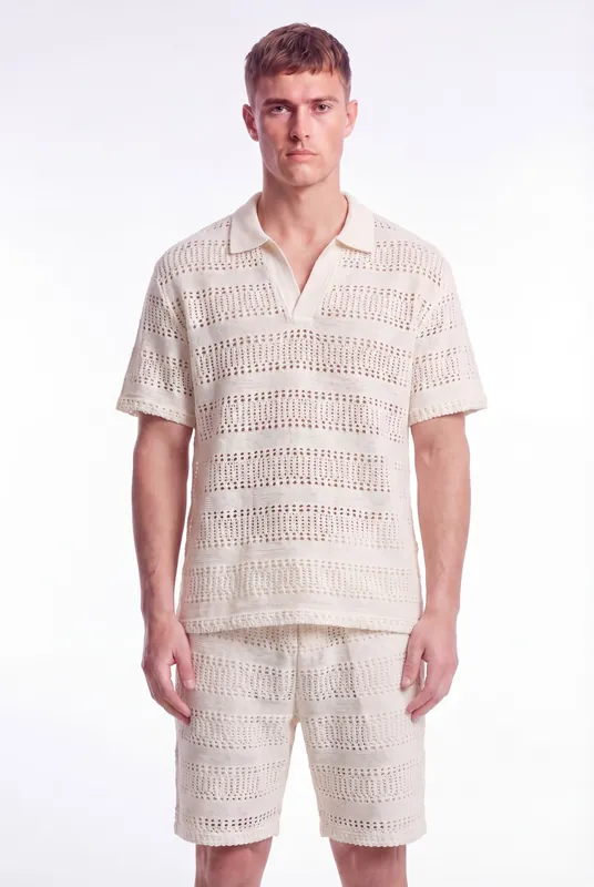 Men's Crochet Knit Stripe Boxy Polo | Blackstone London