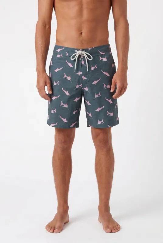 Men's Navy Shark Print Board Shorts | Blackstone London