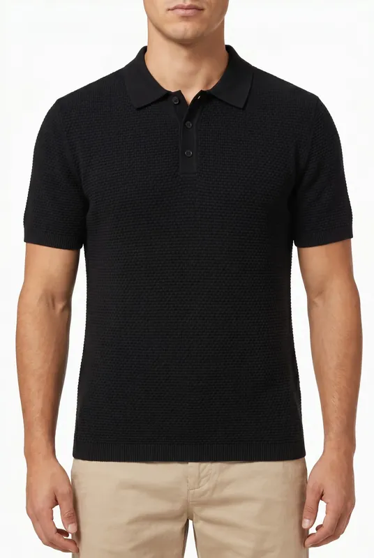 Men's Black Textured Knit Polo | Blackstone London