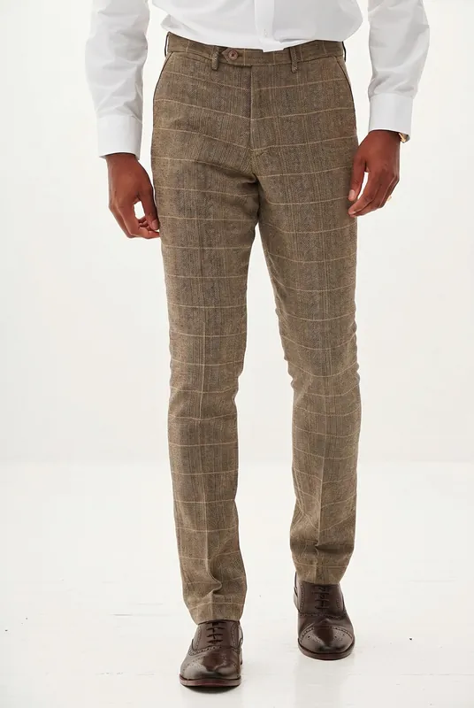 Men's Ted Tan Tweed Herringbone Check Trousers | Blackstone London