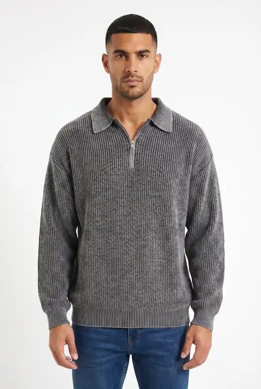 Men's Acid Washed Half-Zip Knit Pullover | Blackstone London