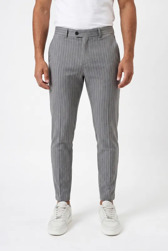 Men's Pinstripe Trousers with Half Belt in Grey | Blackstone London