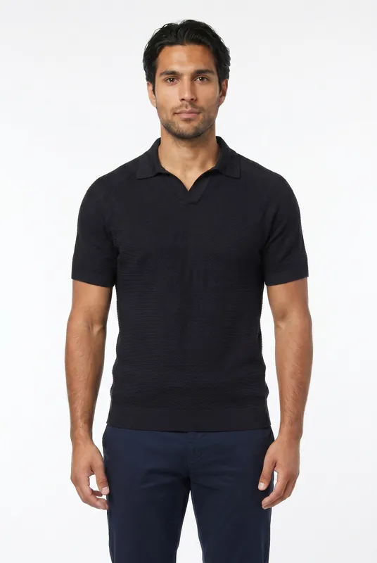 Men's Textured Knitted Open Collar Polo | Blackstone London