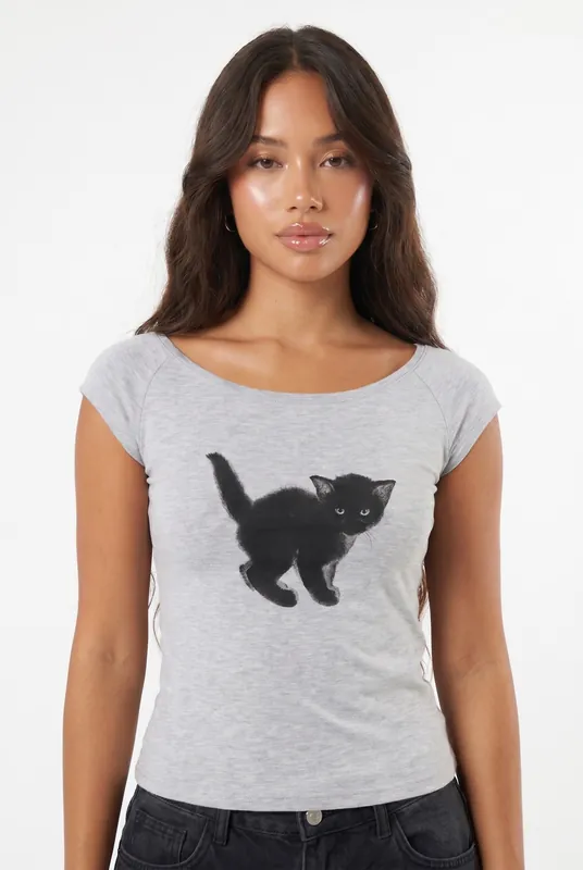 Women's Cat Graphic Off Shoulder Crop Top | Blackstone London